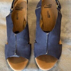 Clarks Soft Cushion Suede Adjustable Cork Wedges - New